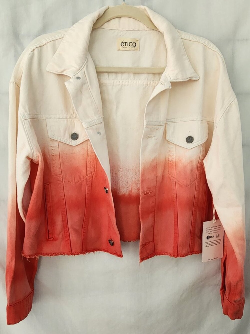 NWT ETICA Elena Dip Dye Cropped Denim Jacket Coral White Size L